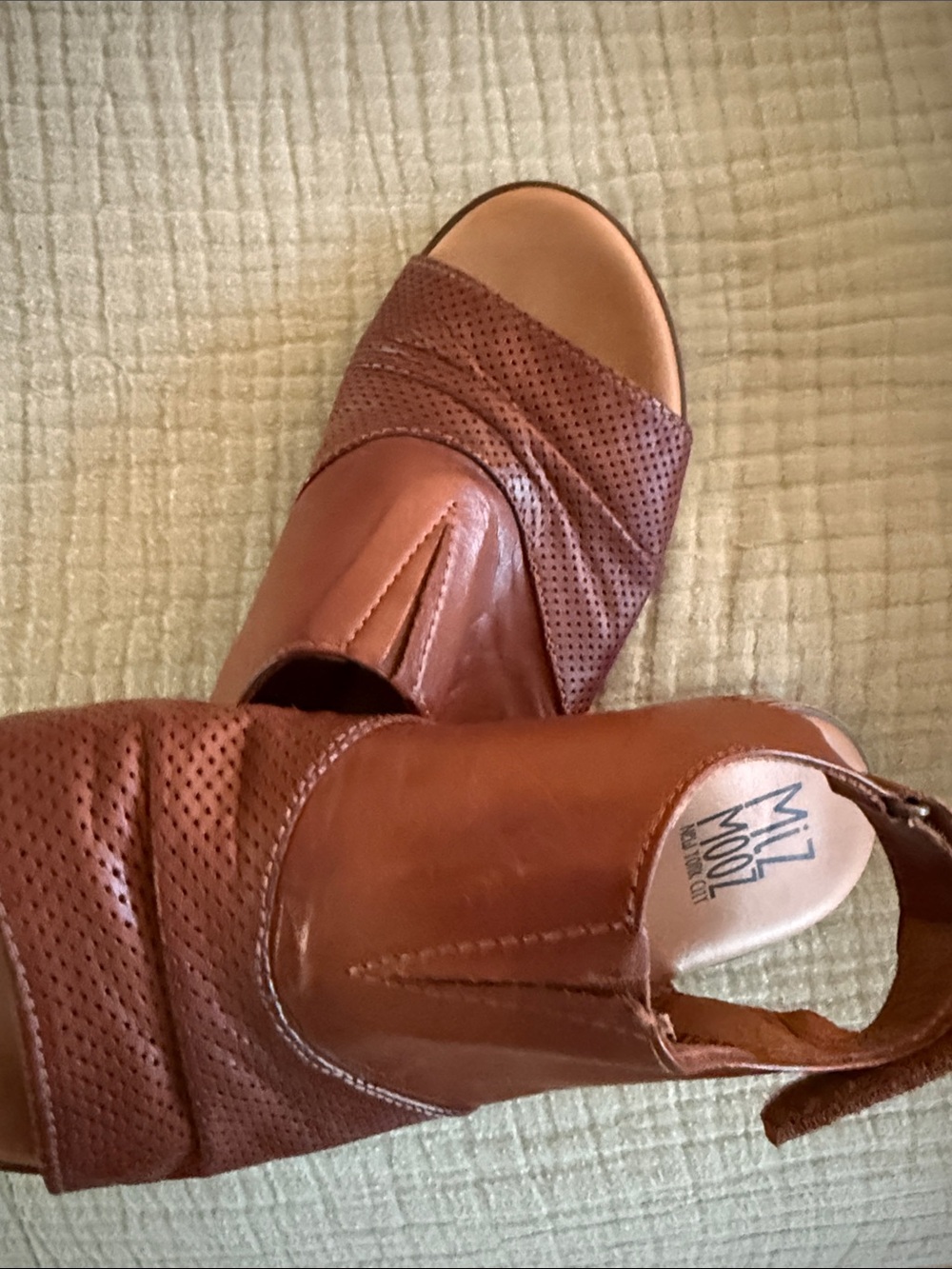 Miz Mooz Cognac Brown Perforated Leather Open-Toe Mules